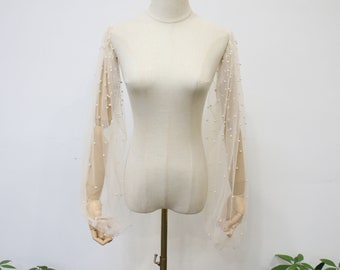 Elegant Pearl Tulle Sleeves, Detachable Long Sleeves, Champagne Elastic Wedding Dress Sleeves, Minimalist off Shoulder Sleeves, 23.4"