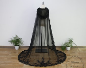 Black Lace Hooded Bridal Veil, Gothic Wedding Veil, Floral Applique Cape Veil, Black Chapel Veil, Lace Hooded Cape Veil, Cathedral Veil