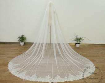 May include: A long, white bridal veil with a beaded lace trim. The veil is made of soft tulle and is designed to flow gracefully behind the bride.