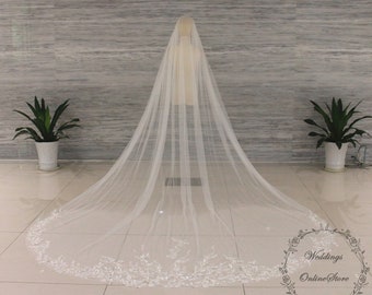 Velo Da Sposa Lungo Modello A Cattedrale Con Bordatura In Pizzo VD129 | - Abiti Da Sposa Online Italia - Foto 6