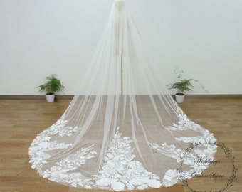 Floral Wedding Veil, Lace Applique Bridal Veil, Cathedral Veil, Ivory Veil, Elegant Chapel Veil, One Tier Veil, Fingertip Veil, Bridal Veil