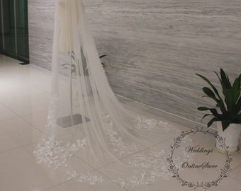 Floral Leaves Lace Bridal Veil, Ivory Tulle Wedding Veil, Lace Edge Veil, Vintage Veil, Single Tier Veil,Cathedral Wedding Veil, Custom Veil