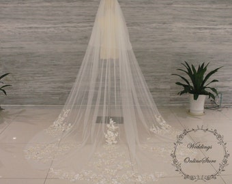 Champagne Lace Applique Bridal Veil, Ivory Tulle Wedding Veil, Cathedral Veil, Vintage Veil, Custom Veil with Two Tier, Elegant Wedding Veil