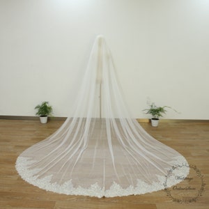 Gold Star Embroidery Applique Veil, Luxury Bead Sequin Veil, Mermaid Theme Wedding Veil, Cathedral Veil, Ivory Veil, Beach Veil with Comb
