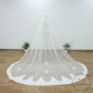 Lace Edge Veil with Sequin Bead, Soft Tulle Veil, Cathedral Veil, Bridal Boho Veil, Ivory Wedding Veil, One Tier Veil, Fingertip/Chapel Veil