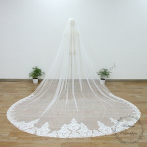 Floral Veil, Lace Edge Veil with Sequin, Cathedral Veil, Tulle Veil, Ivory/White/Beige/Champagne Veil, Chapel Veil, One Tier Veil with Comb