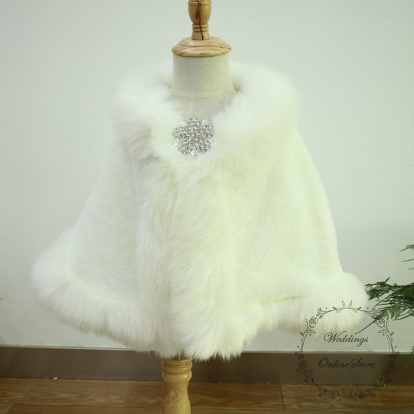 Girl Ivory Fur Shawl, Flower Girl Fur Shawl Wrap, Winter Wedding Faux Fur Shawl for Kids, Baby Girl Birthday Party Fur Shrug, Soft Fur Shawl