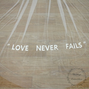 Custom Embroidered Name Veil, &quot;LOVE NEVER FAILS&quot; Veil, Bride Embroidery Veil, Bridal Shower Veil, Bachelorette Veil, Bridal Shoot Veil