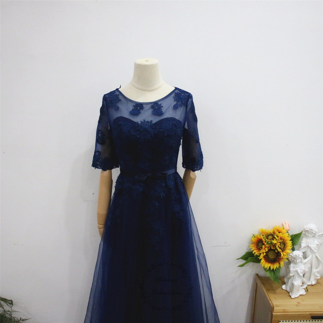 Navy Blue Prom Dress, Boat Neck Evening Dress,flower Party Dress,bow Tie Lace Bridesmaid Gown