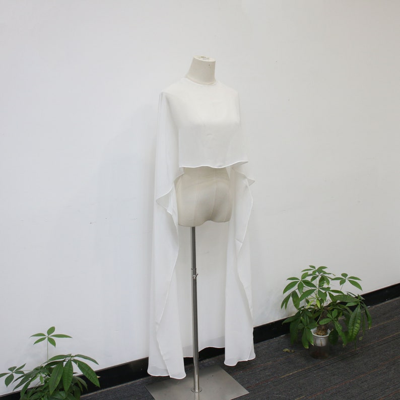 White Chiffon Long Shawl Cloak, Minimalist Bridal Wedding Cape Veil, Wedding Shoot Cape, Elegant Forest Shawl Cloak, Custom Bridal Veil image 7
