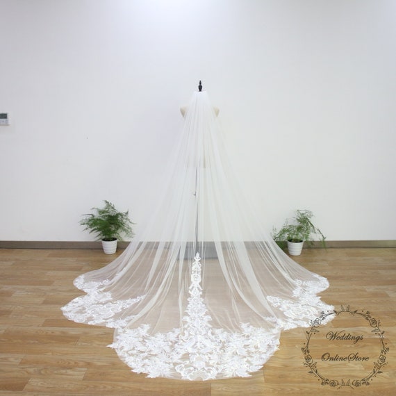 Boho Cathedral Veil, Floral Lace Veil With Sequin, Ivory  display picture 2