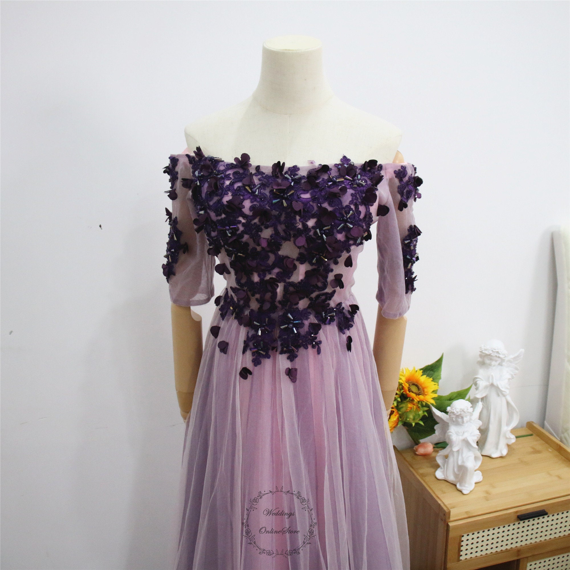 Lavender Purple Lace Prom Dress,3D Flower Party Gown, Off Shoulder Evening Dress, Beaded Tulle Graduation Dress, Half Sleeve Bridesmaid Gown