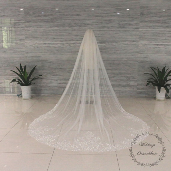 Elegant Off White Floral Veil With Floral Applique And Beading Handcrafted Lace Floral Wedding Veil - The Ami Veil  main image 4