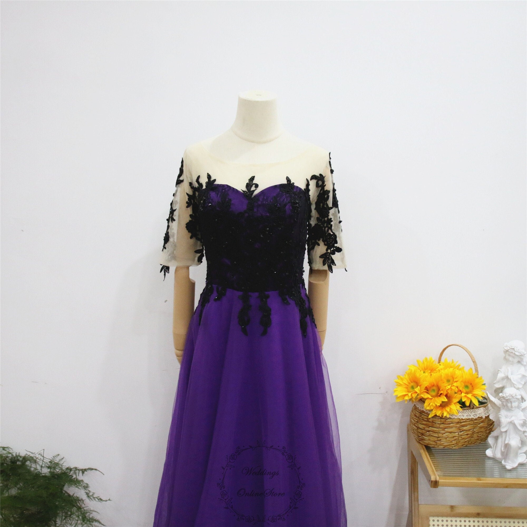 Dark Purple Prom Dress, Black Lace Applique Evening Dress, Floral Party Dress,Half Sleeve Formal Gown,Long Tulle Party Gown, Boat Neck Dress Dark Purple Prom Dress, Black Lace Applique Evening Dress, Floral Party Dress,Half Sleeve Formal Gown,Long Tulle Party Gown, Boat Neck Dress