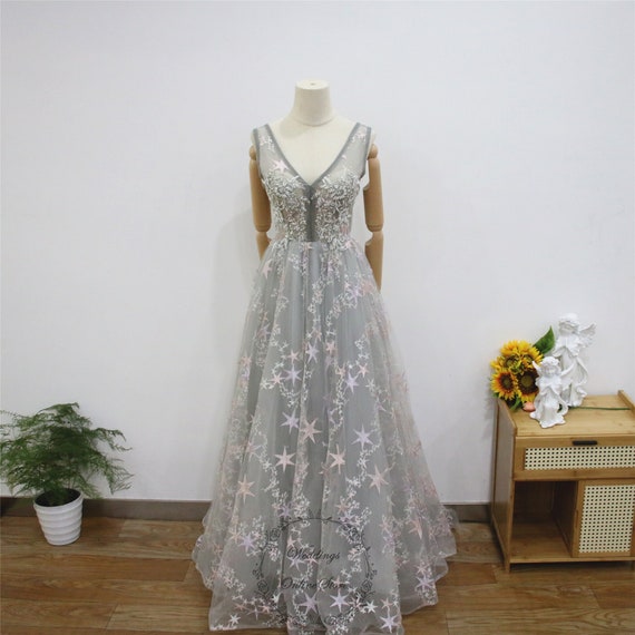 chinese dress ladies Grey Beaded Extra Long Sleeve Prom Dresses Sheer V-Neck Pageant Dress –  Viniodress