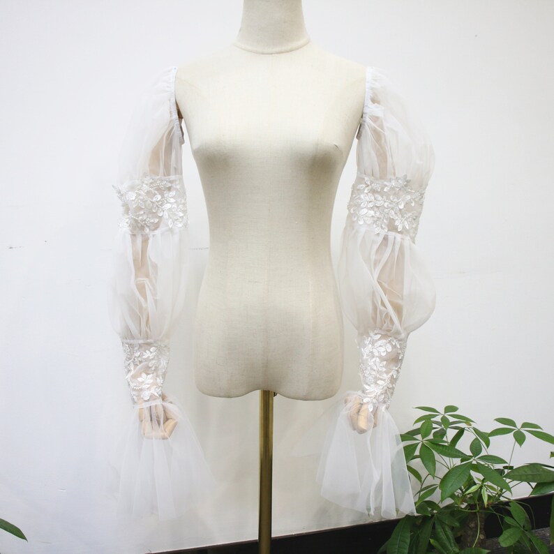Fairy Lace Sleeve, Detachable White Tulle Wedding Sleeves, Long Beaded ...