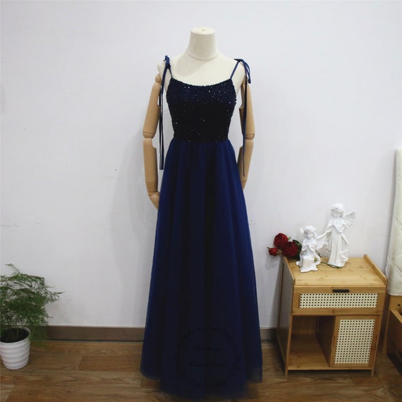 my bridesmaid dress doesn't fit Mermaid Spaghetti Straps Beaded Satin Prom Dress, Navy Blue / 4