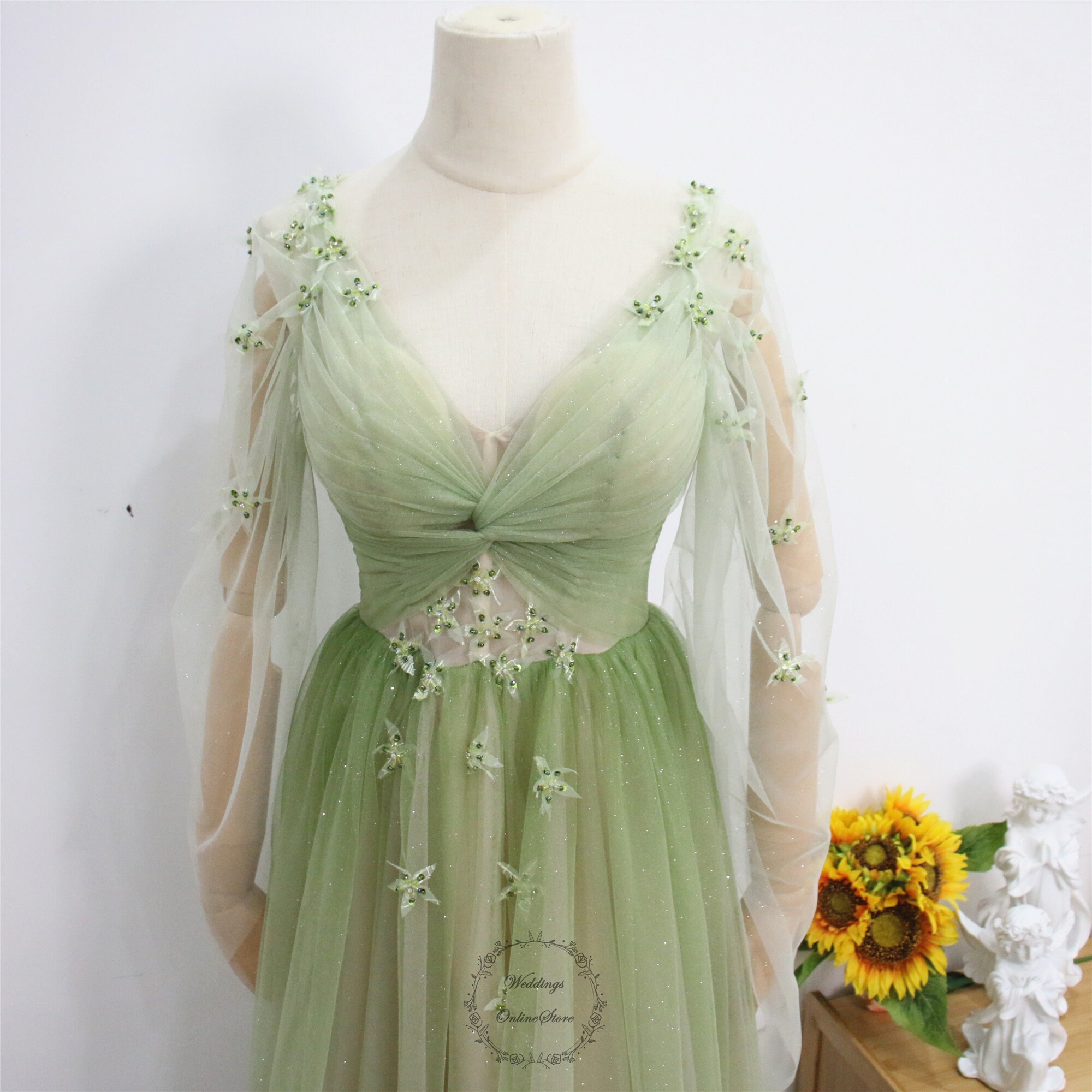 Gradient Green Long Sleeve Prom Party Dress, 3D Flower Party Gown, Sparkly Tulle Graduation Dress, V Neck Bridal Dress, Beaded Evening Dress