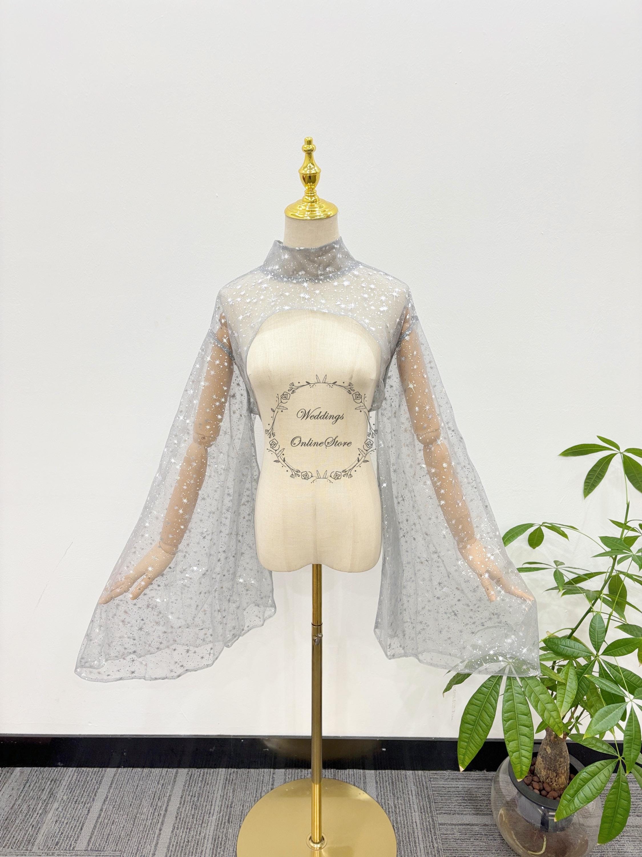 Sparkly Star Bridal Bolero, Silver Gray High Neck Bridal Top with Button Back, Detachable Long Bell Sleeve, Elegant Bridal Accessory