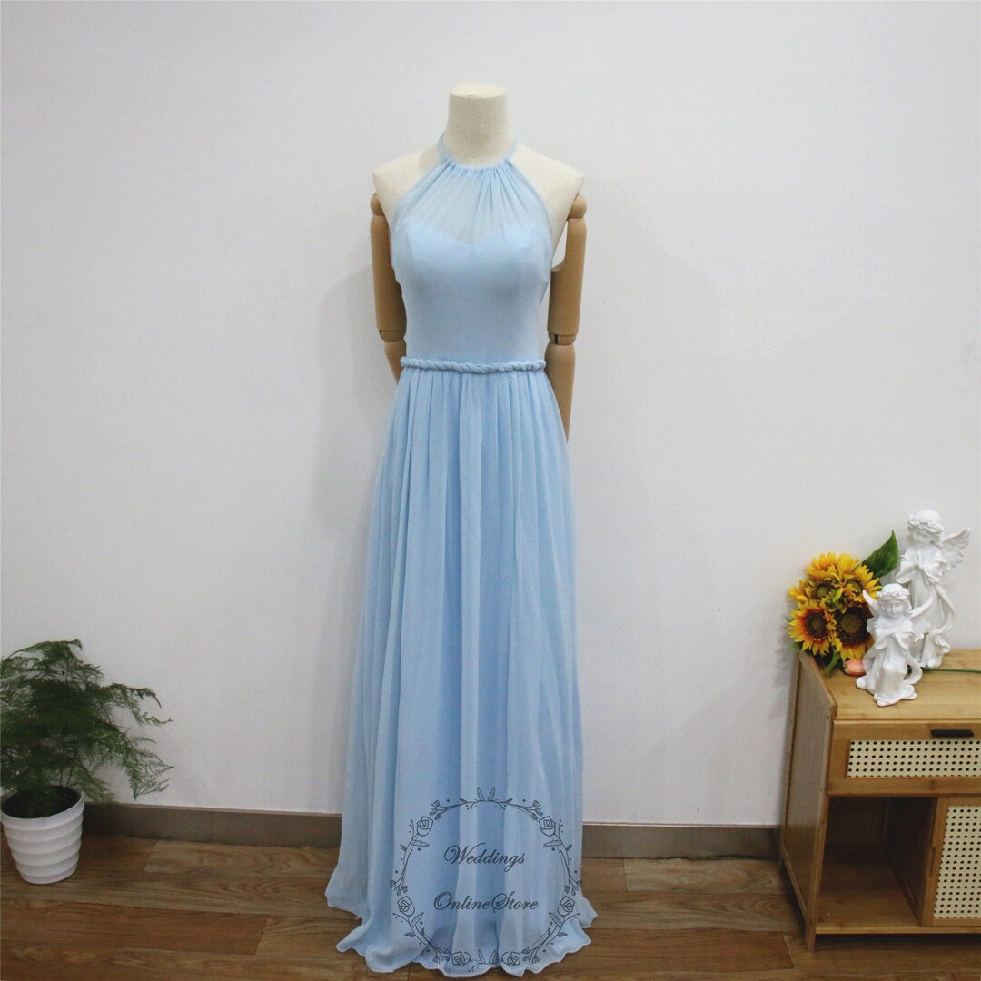 Baby Blue Prom Dress, Halter Neck Evening Dress, Long Chiffon Party Gown, Elegant Bridesmaid