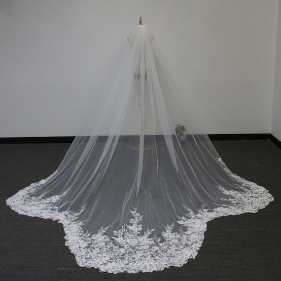 Vintage Beaded Sequined Floral Crystal Wedding Veil Mixed Beads & Sequin Floral Lace Cathedral Veil | Shop A.Cherie main image 4