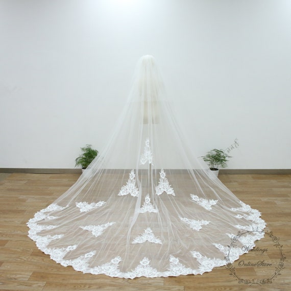 Floral Veil, Lace Veil With Sequin, Cathedral Veil, Ivory 