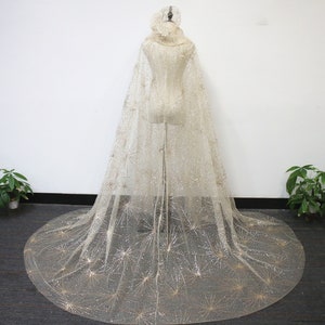 Sparkly Gold Sequin Hooded Bridal Veil, Bridal Cape Veil, Cathedral Wedding Veil, Gold Chapel Veil, Festival Party Veil, Custom Starry Veil