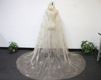 Sparkly Gold Sequin Hooded Bridal Veil, Bridal Cape Veil, Cathedral Wedding Veil, Gold Chapel Veil, Festival Party Veil, Custom Starry Veil