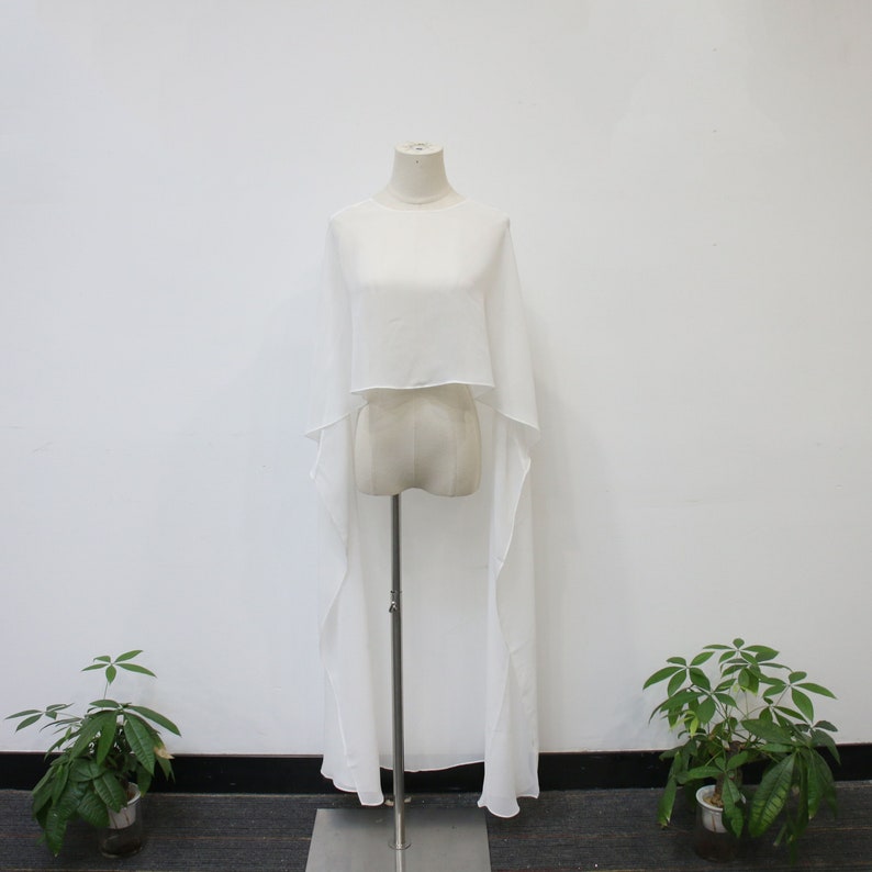 White Chiffon Long Shawl Cloak, Minimalist Bridal Wedding Cape Veil, Wedding Shoot Cape, Elegant Forest Shawl Cloak, Custom Bridal Veil image 2