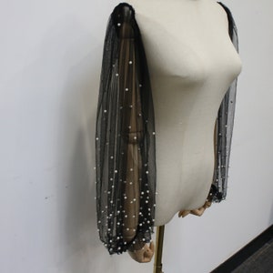 May include: Black sheer mesh sleeves with pearl embellishments. The sleeves are gathered at the wrist and have a loose fit.