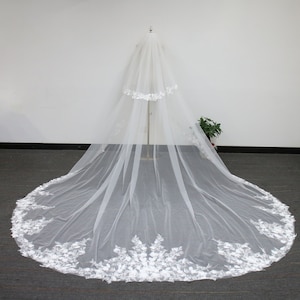 Floral Lace Wedding Veil, 3D Flower Blusher Veil, Vintage Cathedral Veil, Lace Edge Veil, Lace Outdoor Wedding Veil, Two Tier Veil with Comb