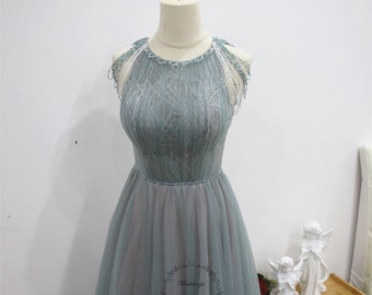 Salie Groene Galajurk, Meisje Verjaardagsfeest Jurk, Kralen Avondjurk, Lange Tule Afstudeerjurk, Elegante Bruidsmeisjesjurk, Kant Bruidsjurk