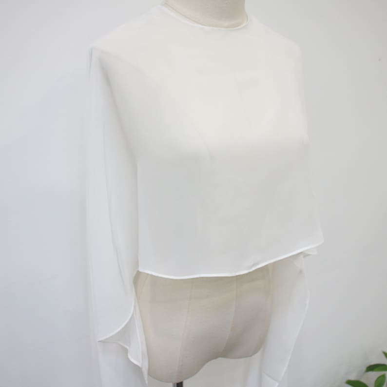 White Chiffon Long Shawl Cloak, Minimalist Bridal Wedding Cape Veil, Wedding Shoot Cape, Elegant Forest Shawl Cloak, Custom Bridal Veil image 5