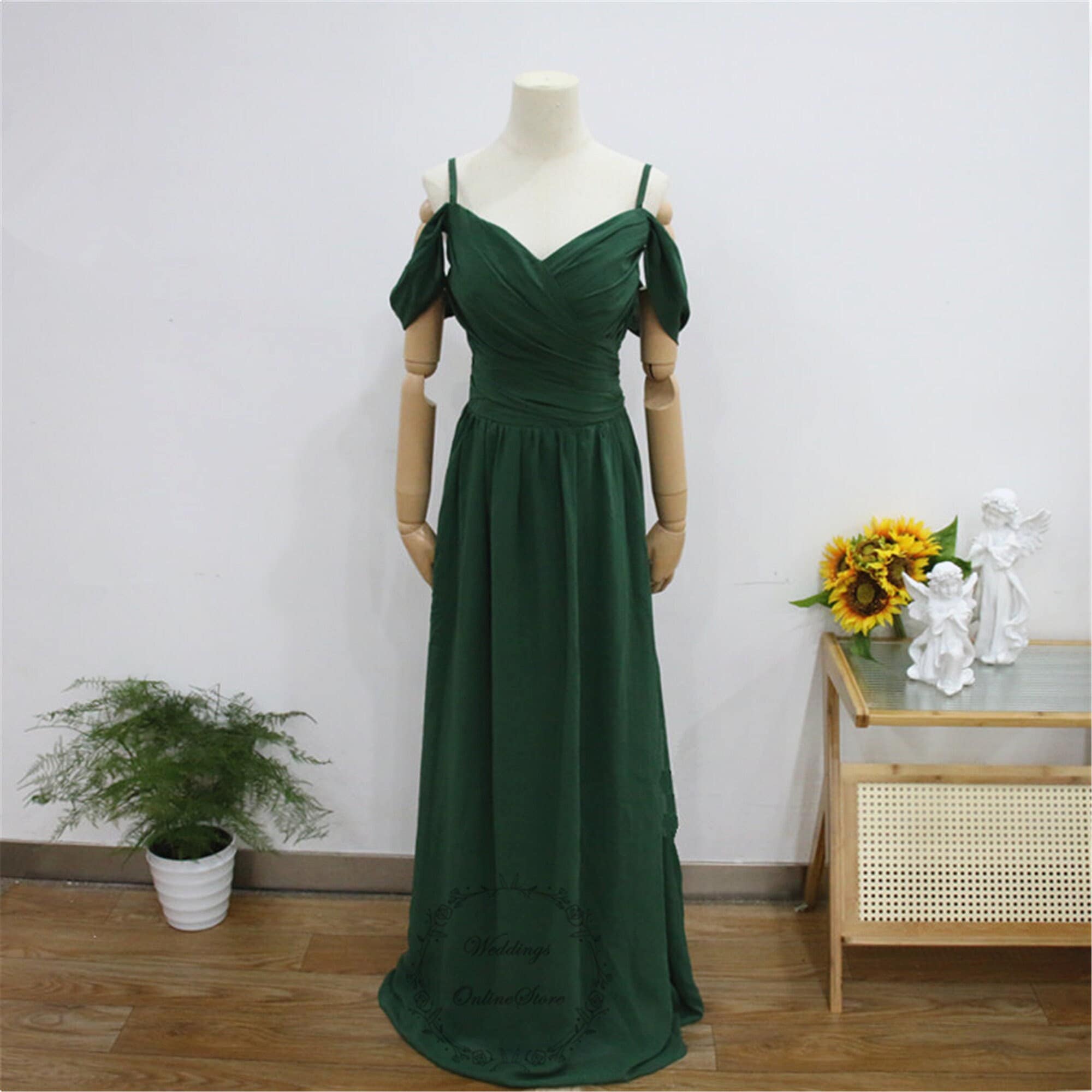 green emerald velvet dress Berylove Women Dark Green Bridesmaid Dress V Neck Maxi A Line Chiffon Wedding Guest Dress, Chiffon Color / Custom main image 0