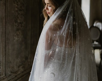 Sparkly Bridal Veil, Star Moon Glitter Veil, Long Cathedral Wedding Veil, Vintage Star Veil, Single Tier Veil with Comb, Custom Starry Veil