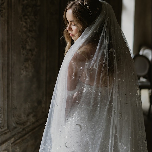 Velo da sposa scintillante, velo glitterato con stella e luna, velo da sposa lungo a cattedrale, velo a stella vintage, velo a un solo strato con pettine, velo stellato personalizzato