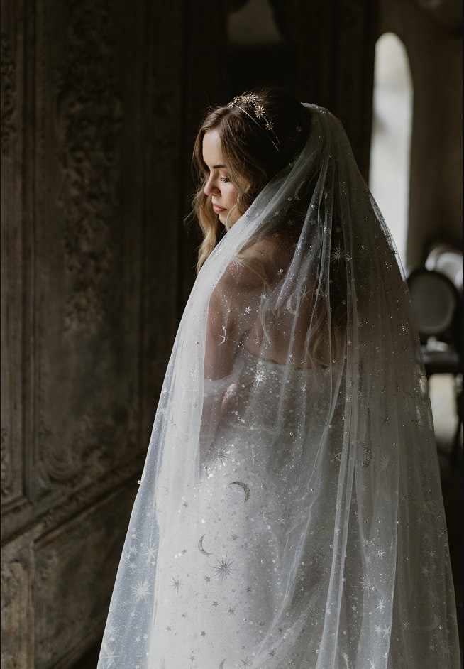 Sparkly Bridal Veil, Star Moon Glitter Veil, Long Cathedral Wedding Veil, Vintage Star Veil, Single Tier Veil with Comb, Custom Starry Veil