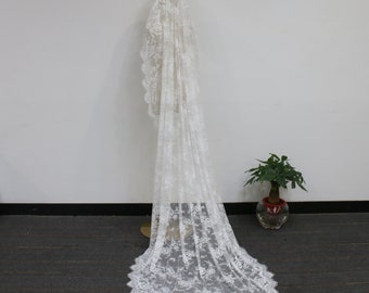 Vintage Floral Lace Mantilla Veil, Eyelash Lace Edge Wedding Veil, Ivory Chapel Veil, Elegant Lace Wedding Veil, 1 Tier Veil with Hair Pin