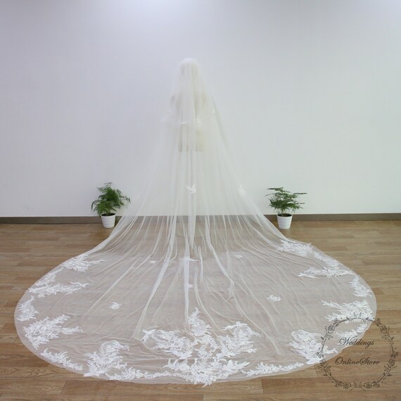 Ivory Floral & Bird Lace Wedding Veil Flora Cathedral Veil | Flower Embroidered Veil | Claire  main image 3