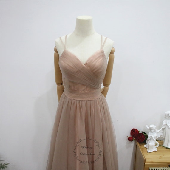 Dirty Pink Floor Length Prom Dress, Sleeveless Tulle Graduation Dress, Spaghetti Straps Party gown,lace Bridesmaid Gown,V Neck Evening Dress