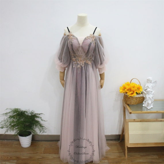 Pink Prom Dress with Black Mesh Lining,Deep V Tulle Evening Dress,Applique Lace Party Gown,Fairy Long Sleeve Spaghetti Strap Graduation Gown