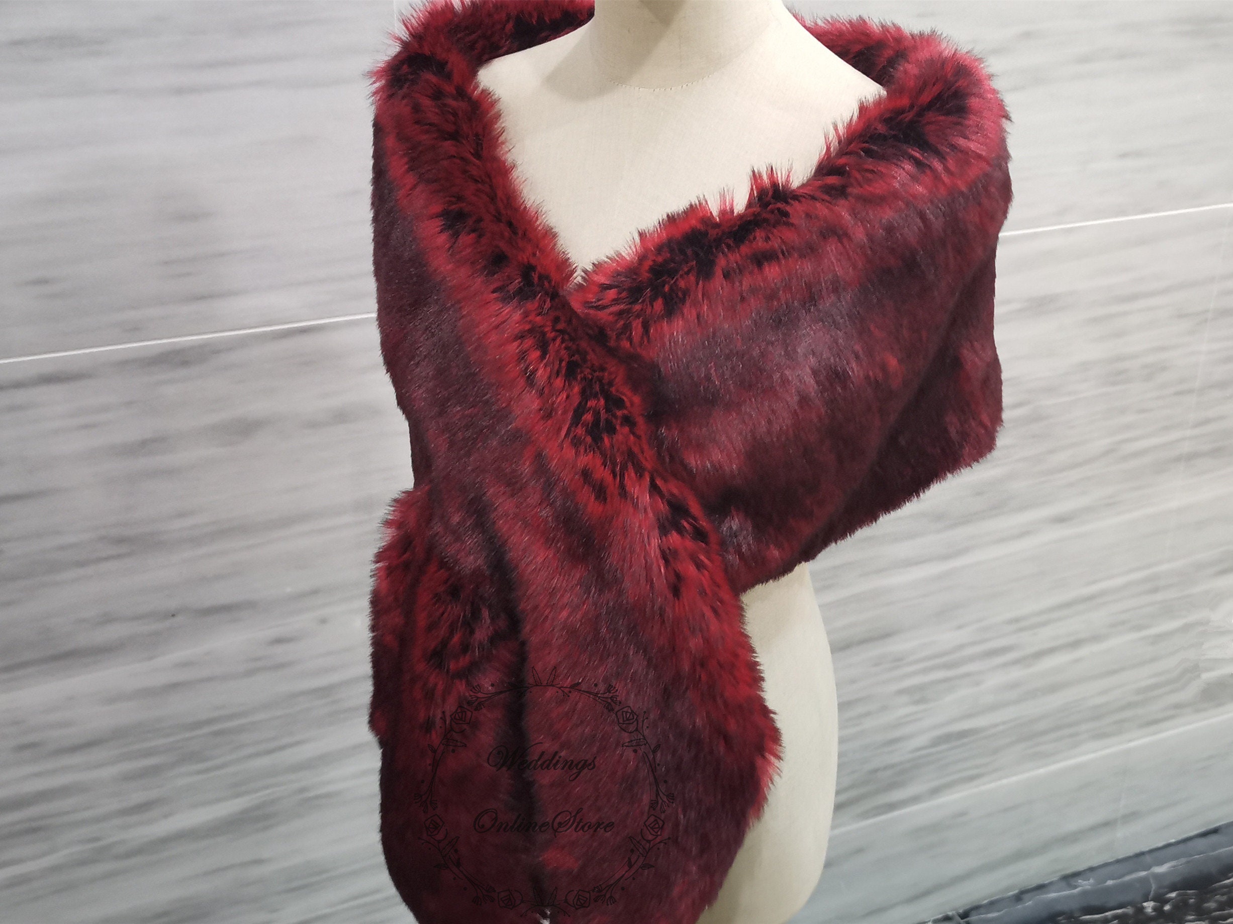 Wine Red Fur Shawl, Bridesmaid Fur Shawl Wrap, Winter Wedding Faux Fur Shawl, Women Evening Party Fur Shrug, Bridal Fur Shawl