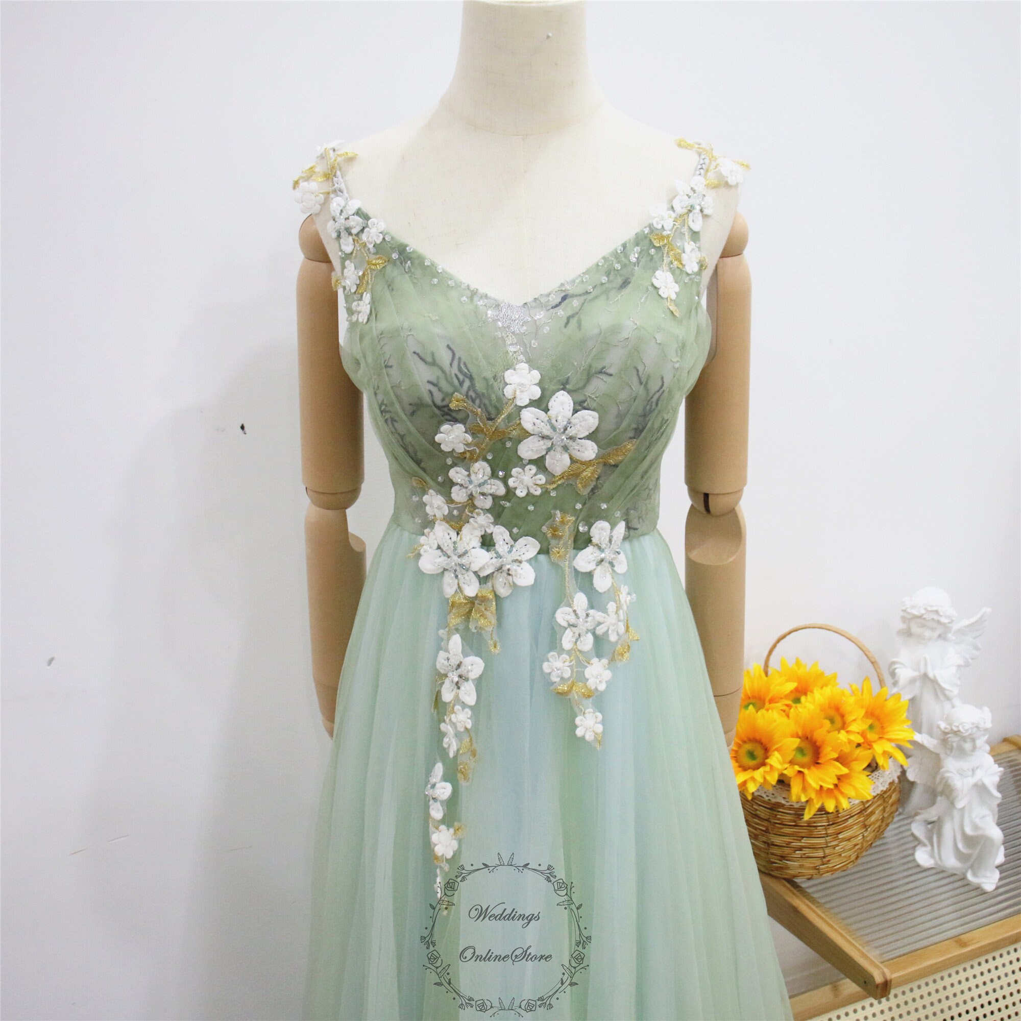 green emerald velvet dress Green Leaf Lace Prom Dress with Pockets Floral Butterfly Maxi Dress SD –  Viniodress main image 1