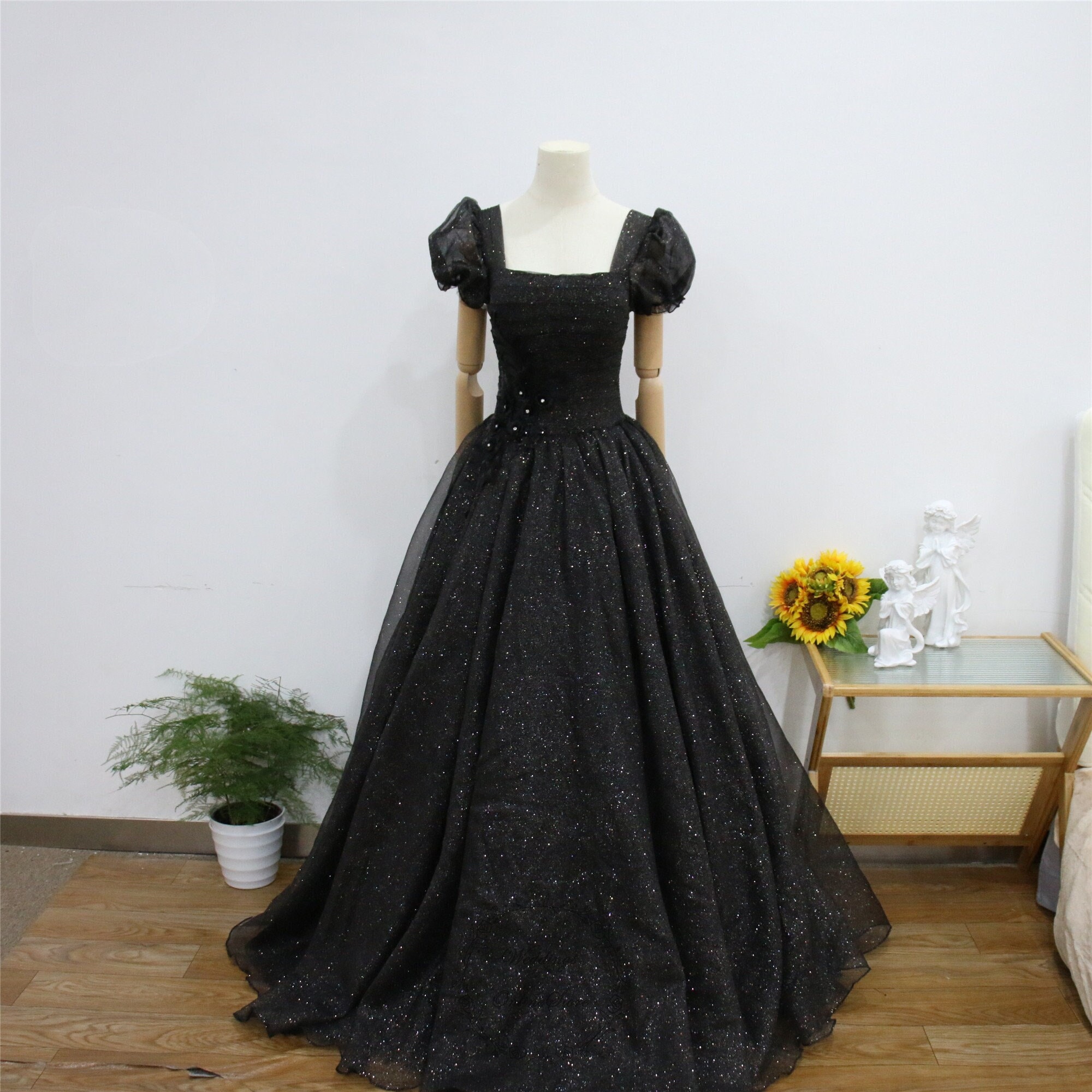 black glitter ball dress Black Sparkly Tulle Prom Dresses Spaghetti Strap Formal Gown 21882 Black / 24W main image 1