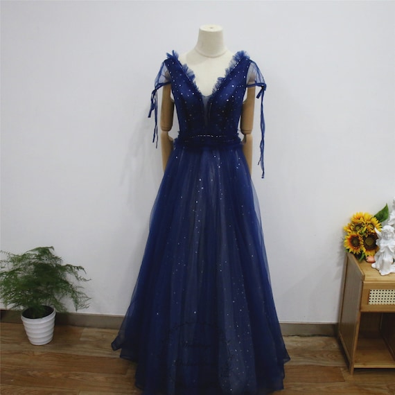 Indigo Blue Prom Dress, Star Moon Sequin Graduation Dress, Deep V Ruffled Neck Party Gown, Short Sleeve Party Dress, Elegant Bridesmaid Gown