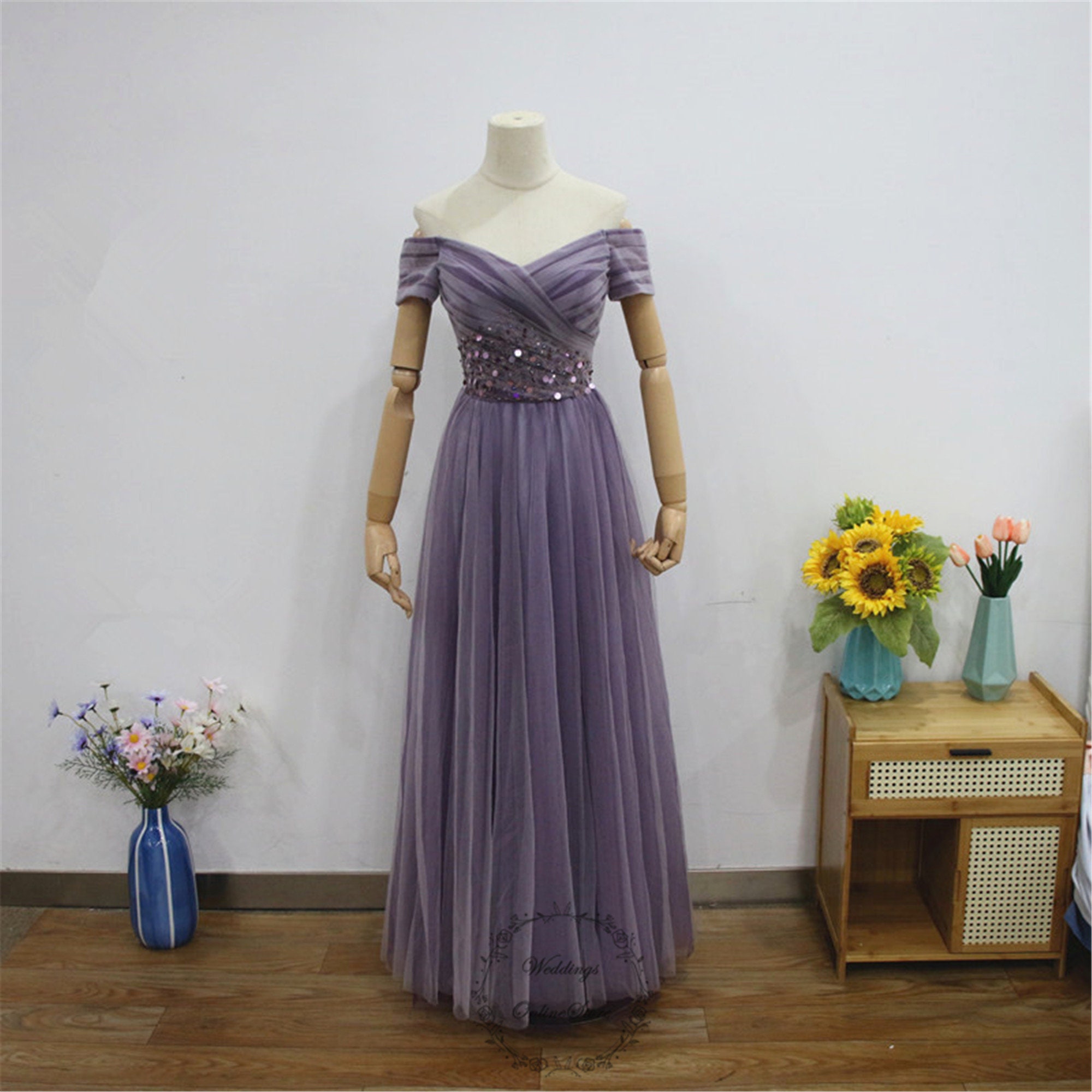 Fantasy Purple Bling Sequined Evening Prom Dress Off Shoulder