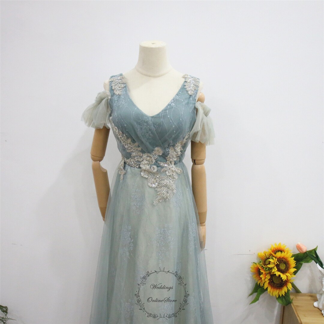 Haze Blue Prom Dress Floral Lace Applique Party Gown Long V Etsy