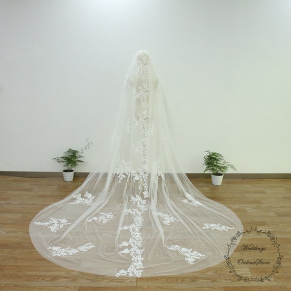 Elegant Ivory Floral Cathedral length Veil Ivory Floral Lace Applique Chapel Cathedral Wedding Veil  main image 4