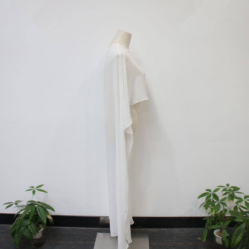White Chiffon Long Shawl Cloak, Minimalist Bridal Wedding Cape Veil, Wedding Shoot Cape, Elegant Forest Shawl Cloak, Custom Bridal Veil image 8
