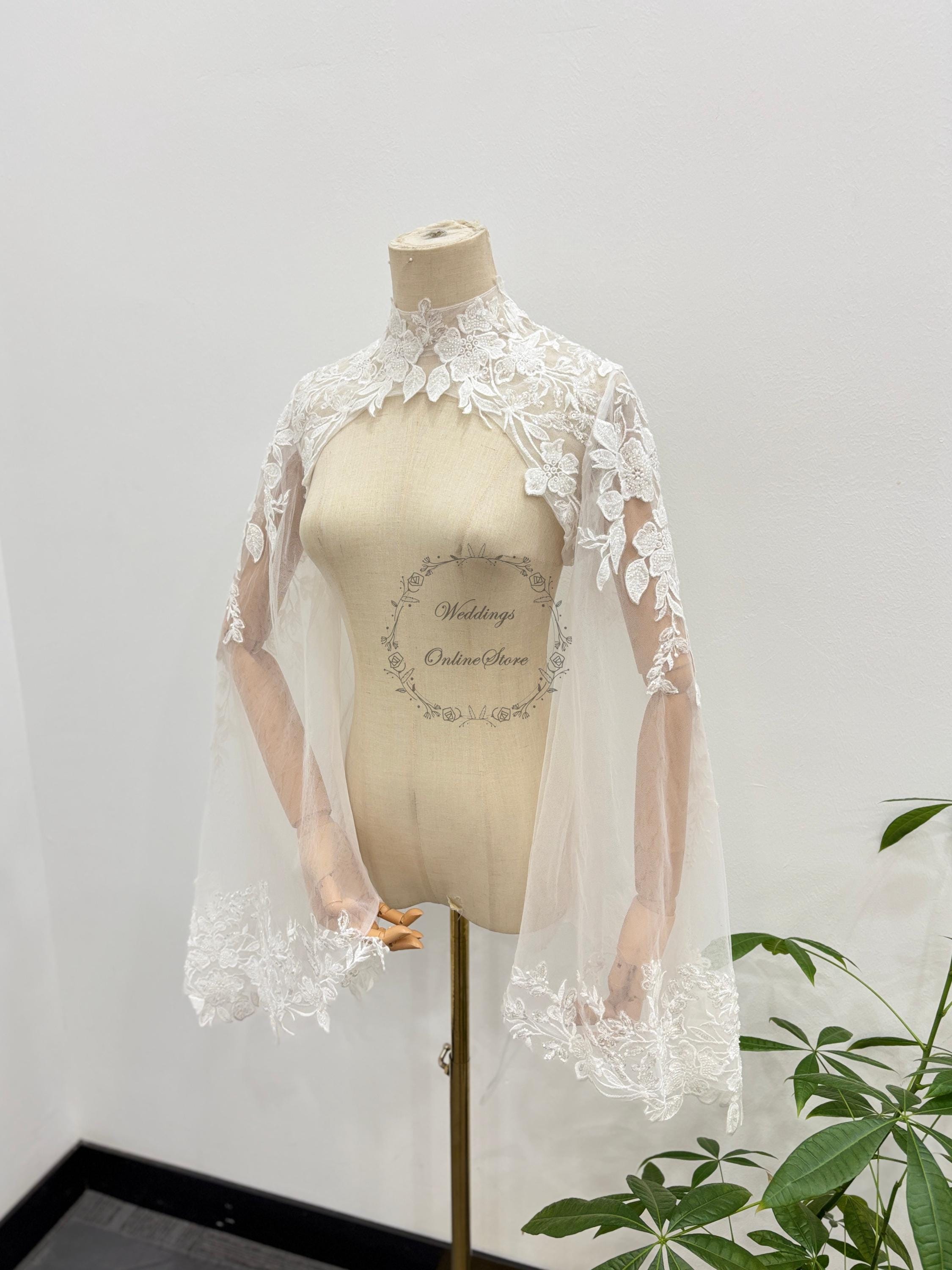 Floral Lace Bolero, Detachable Long Bell Sleeve, Elegant Bridal